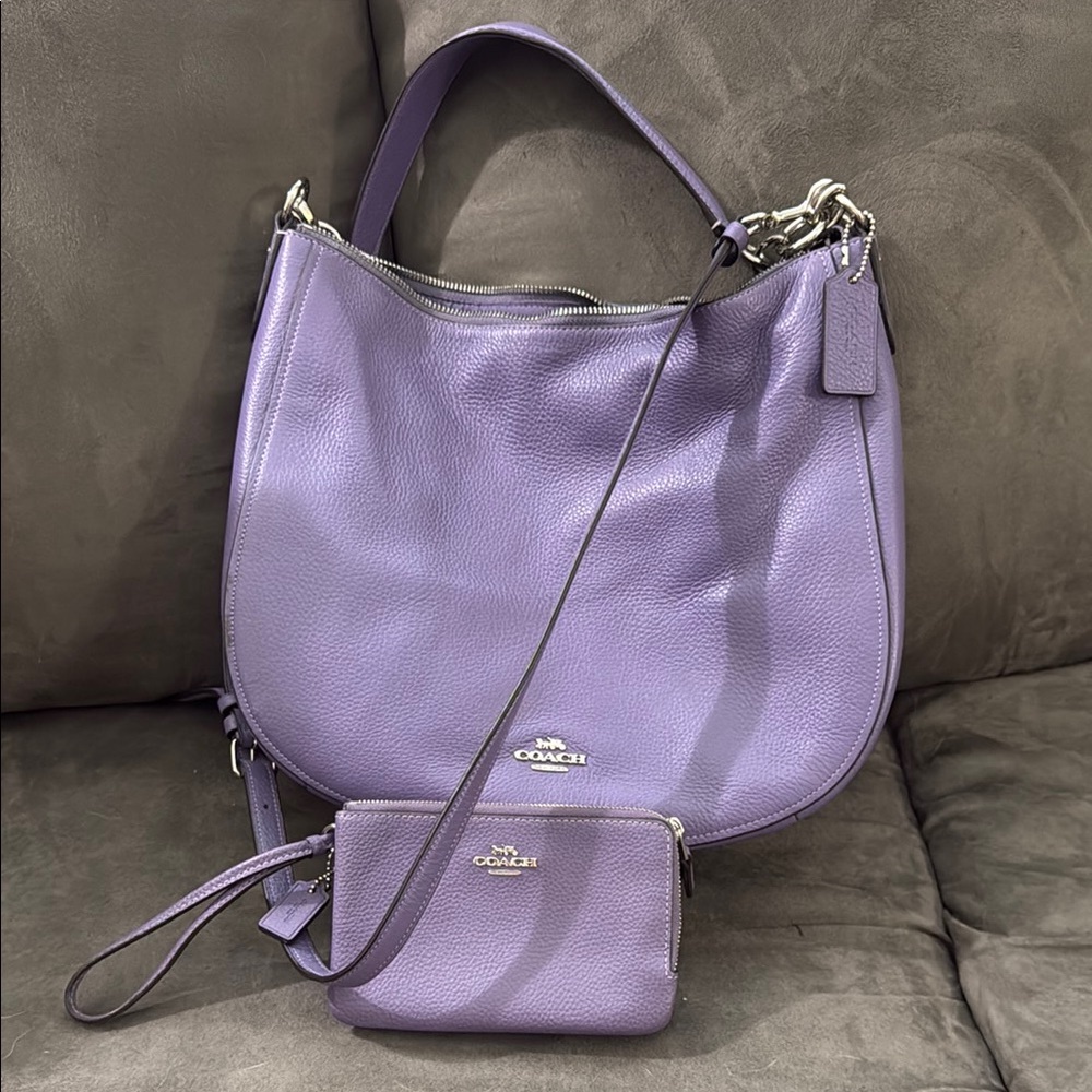 Coach Purple Leather Shoulder Bag and Wallet Set